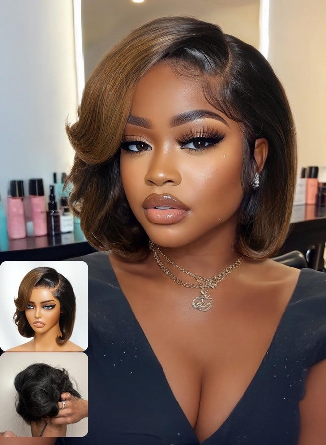Nadula Glueless Bye Bye Knots Short Bob Drawstring Wig human Hair with Blow Out Bangs, Black to Chestnut Brown Ombre Pre Cut 7X5 HD Lace Front Wigs Pre Plucked Bleached Knots Ready to Wear 10inch - Image 1